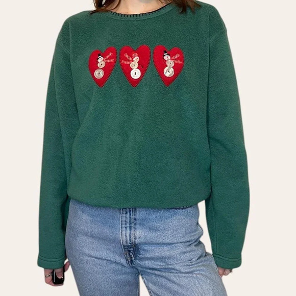Vintage Fleece Pullover Christmas Snowman Button Embroidered Sweatshirt Crewneck - Picture 3 of 8